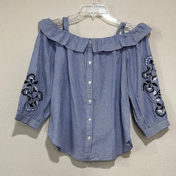 Ann Taylor Loft Blue Striped Off-Shoulder Top with Floral Embroidery - Picture 1 of 6